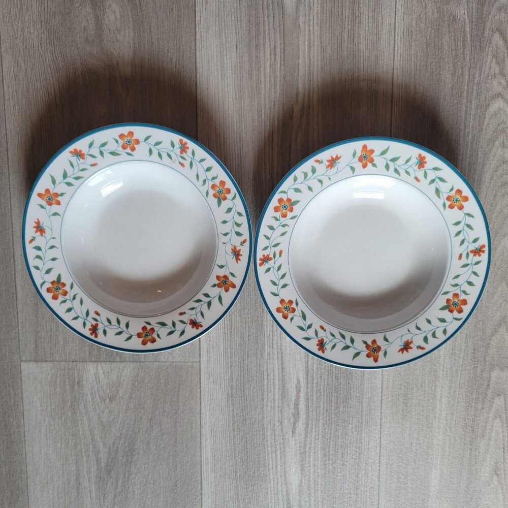 2 MSE Banded Floral Martha Stewart Blue Trim Orange Flower Soup Cereal Bowls